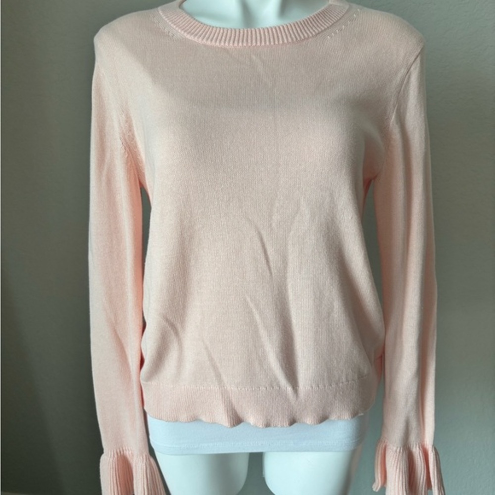 J. Crew Sweater Women Medium Pink Ruffle Cuff Crew Neck Cotton Pullover Preppy - Picture 2 of 9